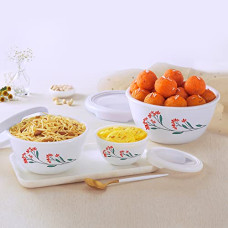Deals and Offers on - Cello Opalware Mixing Bowl Set with Premium Lid, Red Blossom, Set of 3, (500 ml, 1000 ml, 1500 ml), White Deals, Discounts & Offers on - Cello Opalware Mixing Bowl Set with Premium Lid, Red Blossom, Set of 3, (500 ml, 1000 ml, 1500 ml), White