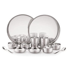Deals and Offers on - Attro Stainless Steel Bhojan Set of 2 Thali, 2 Plate, 4 Bowl, 2 Glass, 2 Spoon (Thali Diameter 29 cm) - Set of 12, Silver, Standard Deals, Discounts & Offers on - Attro Stainless Steel Bhojan Set of 2 Thali, 2 Plate, 4 Bowl, 2 Glass, 2 Spoon (Thali Diameter 29 cm) - Set of 12, Silver, Standard