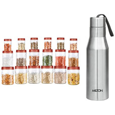 Deals and Offers on - MILTON Vitro Plastic Jar Set, 18- Pieces, Transparent & Milton Super 1000 Single Wall Stainless Steel Bottle, 1000 ml, Silver Deals, Discounts & Offers on - MILTON Vitro Plastic Jar Set, 18- Pieces, Transparent & Milton Super 1000 Single Wall Stainless Steel Bottle, 1000 ml, Silver