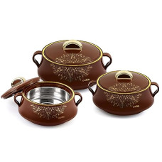 Deals and Offers on - Cello Midas Casserole Gift Set with Inner Steel, 3pc(500ml, 1000ml, 1500ml), Brown, Standard, (CLO_Midas_3PC_BRWN) Deals, Discounts & Offers on - Cello Midas Casserole Gift Set with Inner Steel, 3pc(500ml, 1000ml, 1500ml), Brown, Standard, (CLO_Midas_3PC_BRWN)