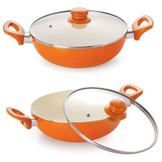Deals and Offers on Cookware - NIRLON Ceramic Induction Base Non-Stick Aluminium Kadhai Set with Glass Lid - Orange Deals, Discounts & Offers on Cookware - NIRLON Ceramic Induction Base Non-Stick Aluminium Kadhai Set with Glass Lid - Orange