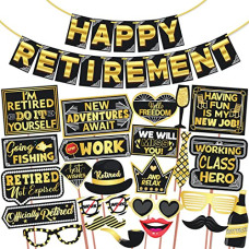 Deals, Discounts & Offers on  - Wobbox Retirement Photo Booth Party Props with Happy Retirement Bunting Banner, Golden & Black, Retirement Party Decoration, Retirement Decoration Item