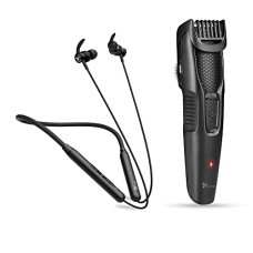 Deals, Discounts & Offers on Health & Personal Care - Syska HT200 PRO BeardPro Cordless Rechargeable Trimmer with 20 Length Settings; 45 min Runtime (Black) and HE3500 Bluetooth NeckBand (Black).