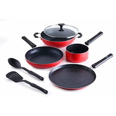 Deals and Offers on Cookware - Crystal Classic Series 7-pc Non-Stick Induction Bottom Cookware Set, PFOA Free, Tawa, Fry-Pan, Kadhai with Glass Lid, Sauce Pan with 2 Serving Spoons, Red Deals, Discounts & Offers on Cookware - Crystal Classic Series 7-pc Non-Stick Induction Bottom Cookware Set, PFOA Free, Tawa, Fry-Pan, Kadhai with Glass Lid, Sauce Pan with 2 Serving Spoons, Red