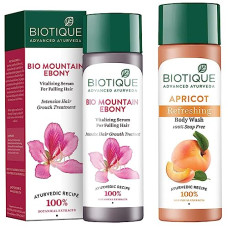 Deals and Offers on - Biotique Bio Mountain Ebony Vitalizing Serum For Falling Hair Intensive Hair Growth Treatment, 120ml & Bio Apricot Refreshing Body Wash, 190ml Deals, Discounts & Offers on - Biotique Bio Mountain Ebony Vitalizing Serum For Falling Hair Intensive Hair Growth Treatment, 120ml & Bio Apricot Refreshing Body Wash, 190ml