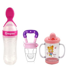 Deals, Discounts & Offers on Baby Care - GRAYSEE Combo of 3 Baby Safe Silicone Squeeze Fresh Food Feeder Bottle with Food Dispensing Spoon, Infant Food Nibbler Teething Toy Feeding Pacifier and Plastic Sipper Cup-240ml (Multi 9)