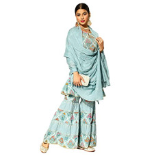 Deals, Discounts & Offers on Women - ishin Women's Cotton Blend Blue Embroidered & Zari work Anarkali Kurta suit set With Dupatta & Sharara