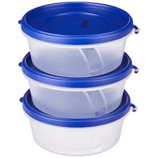 Deals and Offers on - Amazon Brand - Solimo Nestable & Stackable Polypropylene Container Set, Round, 500 ml, Set of 3, Blue Deals, Discounts & Offers on - Amazon Brand - Solimo Nestable & Stackable Polypropylene Container Set, Round, 500 ml, Set of 3, Blue