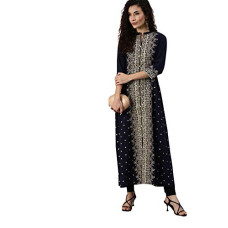 Deals, Discounts & Offers on Women - ishin Women's Cotton Anarkali Embellished Beads and Stones Floral Print Navy Blue Kurti