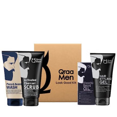 Deals, Discounts & Offers on Health & Personal Care - Qraa Men Look Good Kit, 330 g (Pack of Face Wash, Styling Gel, Scrub & Beard Oil), Premium gift box