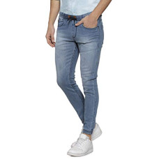 Deals, Discounts & Offers on Men - Campus Sutra Mens Classic Blue Dark-Washed Regular Fit Denim Jeans | Drawstring Rolled Hem Mid-Rise Stretchable Cotton Denim Jeans Crafted with Comfort Fit & High Performance