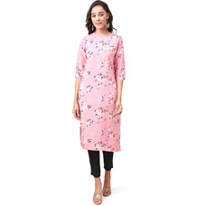 Deals, Discounts & Offers on Women - LookMark Women's Crepe Printed Straight Kurta/Kurti (K1037-M_Pink_Medium)