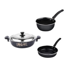 Deals, Discounts & Offers on Cookware - BigPlayer 3-Piece Nonstick Cookware Set in Black - Includes Kadai with Lid, Large Tadka Pan, and Frypan - Bundled with Kitchen Tool Set