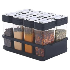 Deals, Discounts & Offers on  - JEJDA Kitchen 8 Pcs Sets Airtight Rasoi Box Spice Storage Jar Masala Box Spice Container Idle For, Easy Flow Spice Storage Container with Tray (Black, plastic)