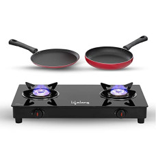 Deals and Offers on - Lifelong LLCMBGS02 Manual Ignition 2 Burner Glass Top Gas stove For LPG Use with Dosa Tawa and Fry Pan combo (Black) Deals, Discounts & Offers on - Lifelong LLCMBGS02 Manual Ignition 2 Burner Glass Top Gas stove For LPG Use with Dosa Tawa and Fry Pan combo (Black)