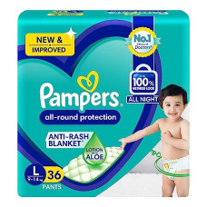 Deals, Discounts & Offers on Baby Care - Pampers All round Protection Pants, Large size baby Diapers, (L) 36 Count,9-14 kg Lotion with Aloe Vera