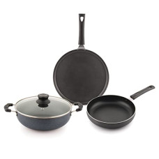 Deals, Discounts & Offers on Cookware - Attro Aluminium Imperial 4Pcs Non Stick Combo Kitchen Induction and Gas Compatible Cookware Set Kadai, Fry Pan, Dosa Tawa & 1 Glass Lid- Spanish Grey