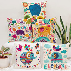 Deals, Discounts & Offers on  - STITCHNEST Unique Cute Elephant Cartoon Blue Printed Canvas Cotton Cushion Covers, Set of 5 (16 x 16 Inches)