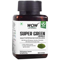 Deals, Discounts & Offers on  - WOW Life Science Super Green Capsules - with Moringa, Wheatgrass, Spirulina, ACV, Beetroot, Chlorophyll & Pumpkin Seed - 550mg - 60 Veg Capsules