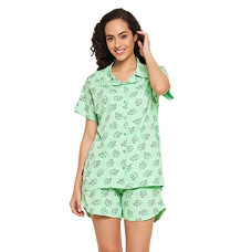 Deals and Offers on Women - Clovia Women's Cotton Printed Button Me Up Shirt & Shorts Set in Green Deals, Discounts & Offers on Women - Clovia Women's Cotton Printed Button Me Up Shirt & Shorts Set in Green