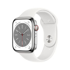 Deals, Discounts & Offers on  - Apple Watch Series 8 [GPS + Cellular 45 mm] Smart Watch w/Silver Stainless Steel Case with White Sport Band. Fitness Tracker, Blood Oxygen & ECG Apps, Always- On Retina Display, Water Resistant