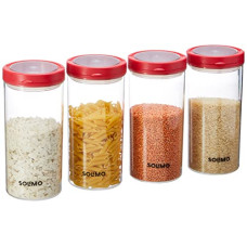 Deals and Offers on - Amazon Brand - Solimo Twist & Lock Plastic Storage Container Set, 1400 ml, Set of 4, Red Deals, Discounts & Offers on - Amazon Brand - Solimo Twist & Lock Plastic Storage Container Set, 1400 ml, Set of 4, Red