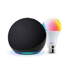 Deals, Discounts & Offers on  - Echo Dot smart speaker (5th Gen, Black) with Alexa and Bluetooth + Wipro 9W LED Smart Color Bulb | Smart home starter kit