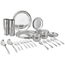 Deals and Offers on - Amazon Brand - Solimo Stainless Steel Dinner Set of 50 Pieces | Mirror Finish with Laser Etched Design I Bhojan Thali Set I Dinnerware Set Deals, Discounts & Offers on - Amazon Brand - Solimo Stainless Steel Dinner Set of 50 Pieces | Mirror Finish with Laser Etched Design I Bhojan Thali Set I Dinnerware Set