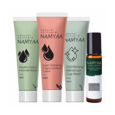 Deals and Offers on Health & Personal Care - Namyaa Intimate Travel Hygiene Kit | Combo Pack of Intimate Wash, Menstrual Cup Wash, Super Hydrating Fragrance Body Cream & Period Cramp Roll On | Perfect Deals, Discounts & Offers on Health & Personal Care - Namyaa Intimate Travel Hygiene Kit | Combo Pack of Intimate Wash, Menstrual Cup Wash, Super Hydrating Fragrance Body Cream & Period Cramp Roll On | Perfect