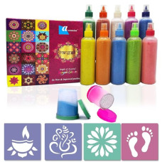 Deals, Discounts & Offers on  - Ascension 10 Rangoli Powder Colors Bottles 4 Stencils and 2 Fillers Design Creativity Diwali Floor Rangoli Art Colours Rangoli Color Powder Rang