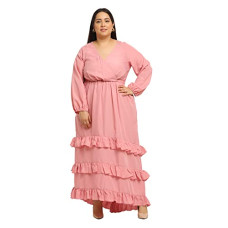 Deals, Discounts & Offers on Women - [Size 4XL] Flambeur Full Sleeve V Neck Regular Fit Pink Color Crepe Fabric Solid Print Full Length Maxi Dress