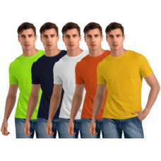 Deals and Offers on - FTXPack of 5 Men Solid Round Neck Polyester Green, Navy Blue, White, Orange, Yellow T-Shirt Deals, Discounts & Offers on - FTXPack of 5 Men Solid Round Neck Polyester Green, Navy Blue, White, Orange, Yellow T-Shirt