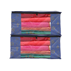 Deals, Discounts & Offers on  - Perpetual Saree Organizer For Wardrobe -Large Size Foldable Saree Covers With Zip, Multipurpose Storage Bag For Suit, Lehanga, Dress Packing With Transparent Window Pack of 2 Pcs. (BlueTd2m)