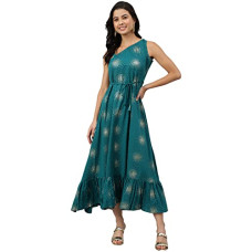 Deals and Offers on Women - Janasya Women's Teal Green Poly Crepe Printed Flared Kurta Deals, Discounts & Offers on Women - Janasya Women's Teal Green Poly Crepe Printed Flared Kurta