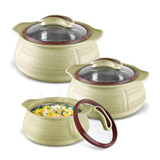 Deals, Discounts & Offers on  - Milton Weave Jr. Insulated Inner Stainless Steel Casserole with Glass Lid,Set of 3, (420 ml, 780 ml, 1.32 Litres),Beige