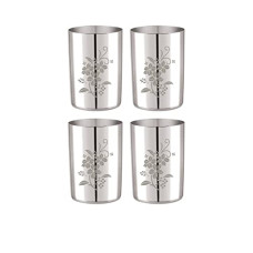 Deals, Discounts & Offers on  - Neelam Stainless Steel 7 22G Lazer Etching Amrapali Glass, 400 ml, Silver, Set of 12