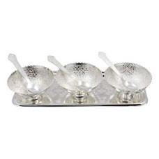 Deals, Discounts & Offers on  - Kuber Industries Brass Bowls, Spoons, and Tray with Wooden Box (Silver, Floral Design)