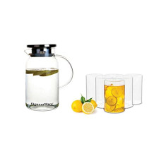 Deals, Discounts & Offers on  - Signoraware Ilusion Borosilicate Glass Big, Set of 6, 350ml Each and Classy Borosilicate Glass Jug with Steel lid 1200ml, Set of 1, Transparent