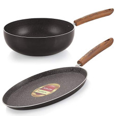 Deals, Discounts & Offers on Cookware - Nirlon Smoky Wood 2-Piece Aluminium Non Stick Non Induction Cooking Flat Dosa Tawa & Kadhai Combo Gift Set