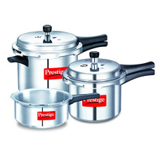Deals, Discounts & Offers on Cookware - Prestige Popular Max 5 + 3 + 2 Litre Aluminium Outer Lid Pressure Cooker Combo Pack, 2 Lids, Silver, Large (11791)
