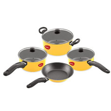 Deals, Discounts & Offers on Cookware - Pigeon Master Chef Non-Stick Aluminium Cookware Set Non-Induction Base Includes (3 Sauce Pan - 1 L, 1.5 L & 3 L, Fry Pan & 3 Glass Lid) - 7 Piece (Yellow)