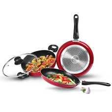 Deals, Discounts & Offers on Cookware - Milton Pro Cook Induction Kitchen Jewel Set of 3 (Fry pan 24 cm/1.6 litres; Kadhai 24 cm/2.5 litres with Glass lid & Tawa 25 cm), Maroon | Dishwasher Safe | Hot Plate | Flame Safe | Non-Stick