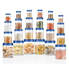 Deals, Discounts & Offers on  - Milton Vitro Plastic Pet Storage Jar and Container, Set of 24 (6 pcs x 300 ml Each, 6 pcs x 700 ml Each, 6 pcs x 1.4 Ltrs Each, 6 pcs x 2 Ltrs Each), Blue | Air Tight | Kitchen Organiser | BPA Free