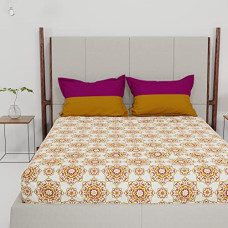 Deals, Discounts & Offers on  - Trident Feather Tales Bed Sheet Set with 2 Pillow Covers, 144 Thread Count, Queen Size, 100% Cotton - Majestic Mandala Yellow