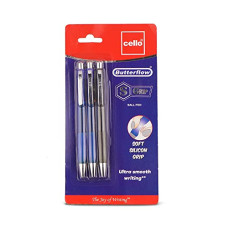 Deals, Discounts & Offers on Stationery - Cello Butterflow S Grip Ball Pen | Blue and Black Ball Pen | Pack of 3 Ball Pens | Retractable Ball Pens | Writing Pen for School and Office Use | Ball Pens