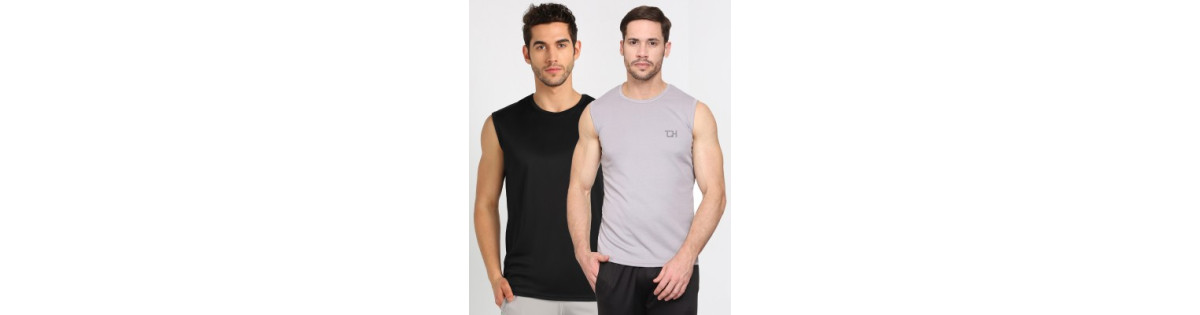 Buy TQH Solid Men Round Neck Sleeveless Black, Light Grey T-Shirt