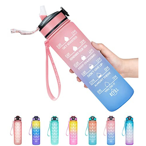 Water Bottle with Straw 32 Oz Time Marker to Inspire You Drink More Water