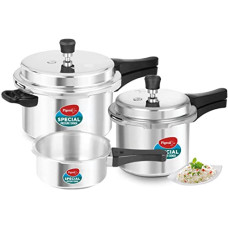 Deals, Discounts & Offers on Cookware - Pigeon by Stovekraft Aluminium Outer Lid Pressure Cooker Combo 2 litre, 3 litre, and 5 litre, Induction Base - 12685 (Silver)