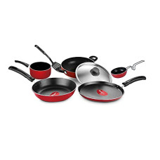Deals, Discounts & Offers on Cookware - Pigeon Nonstick Cookware Set of 7 Piece, Includes Nonstick Tawa 23 cm, Nonstick Fry Pan 24 cm, Nonstick Kadai with Stainless Steel Lid 24 cm, and Nonstick Sauce Pan (Red)