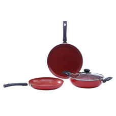 Deals, Discounts & Offers on Cookware - Wonderchef Valencia Non-Stick Cookware 4 Piece Set, Kadhai with Lid, Fry Pan, Dosa Tawa, Induction Friendly Design, Cool Touch Bakelite Handles, Pure Grade Aluminium, PFOA Free, 2 Years Warranty, Red